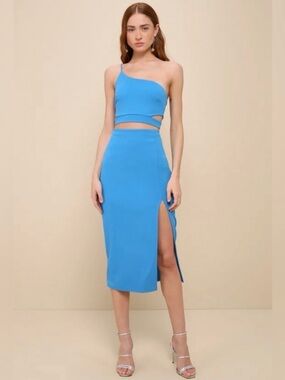 Lulu's Bright Blue One-Shoulder Cutout Midi Dress - BS11527L